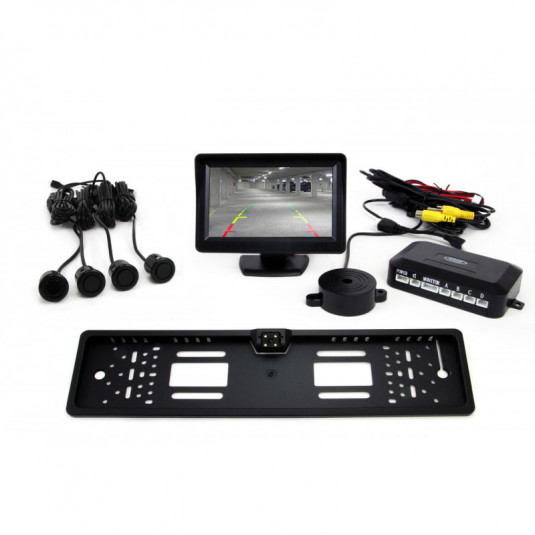 Asistenty parkovania TFT01 4,3” s kamerou CAM-402 LED v podložke pod ŠPZ, 4-senzorové, čierne GOLD 18mm